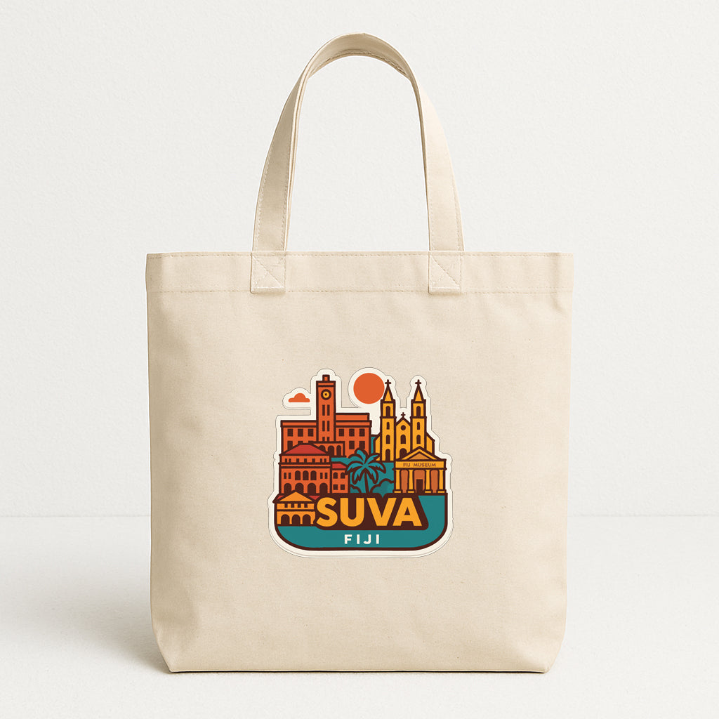 A beige tote bag with a colorful graphic of a city skyline and the text "SUVA Fiji" printed on it.
