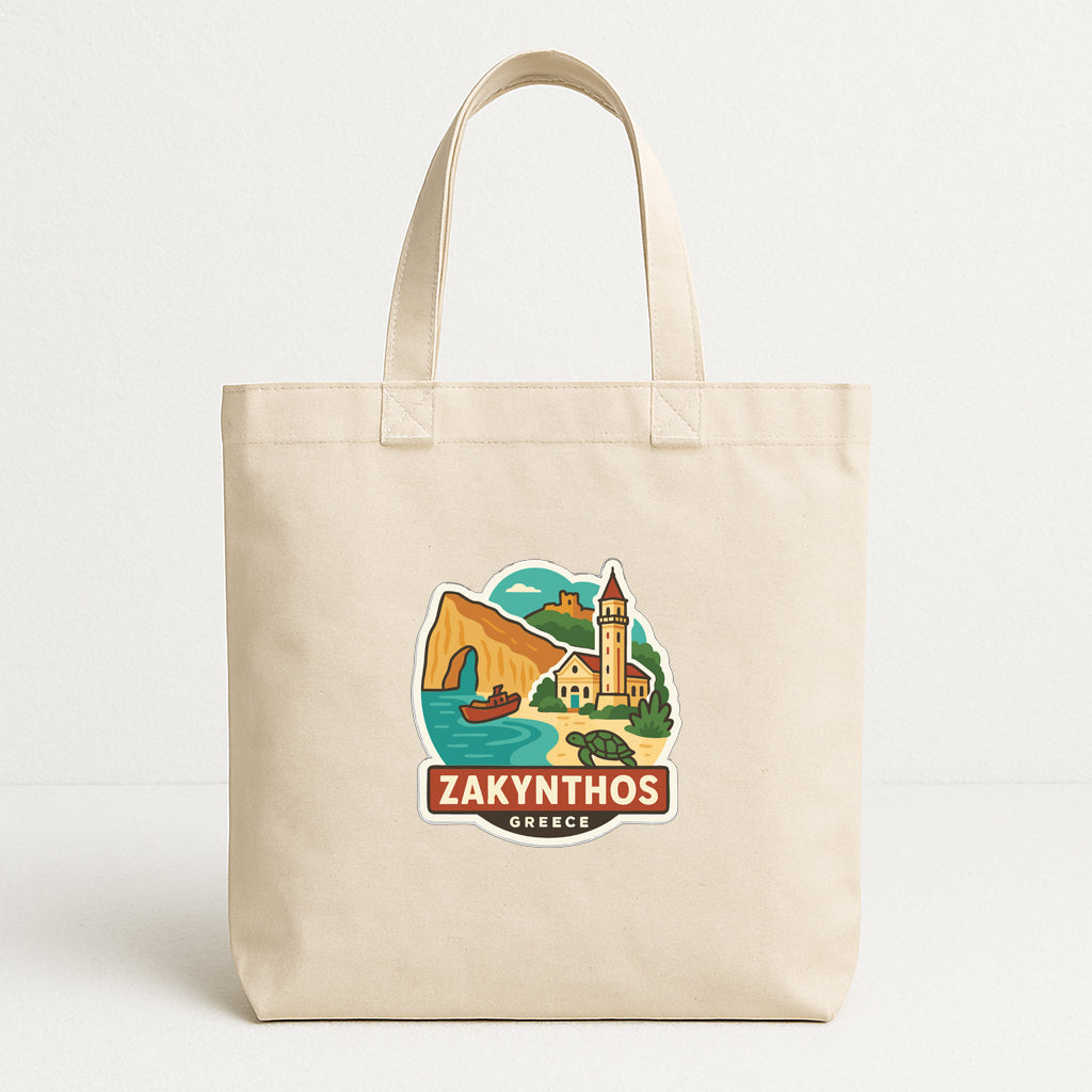 A beige tote bag with a printed design depicting a scenic view of Zakynthos, Greece.