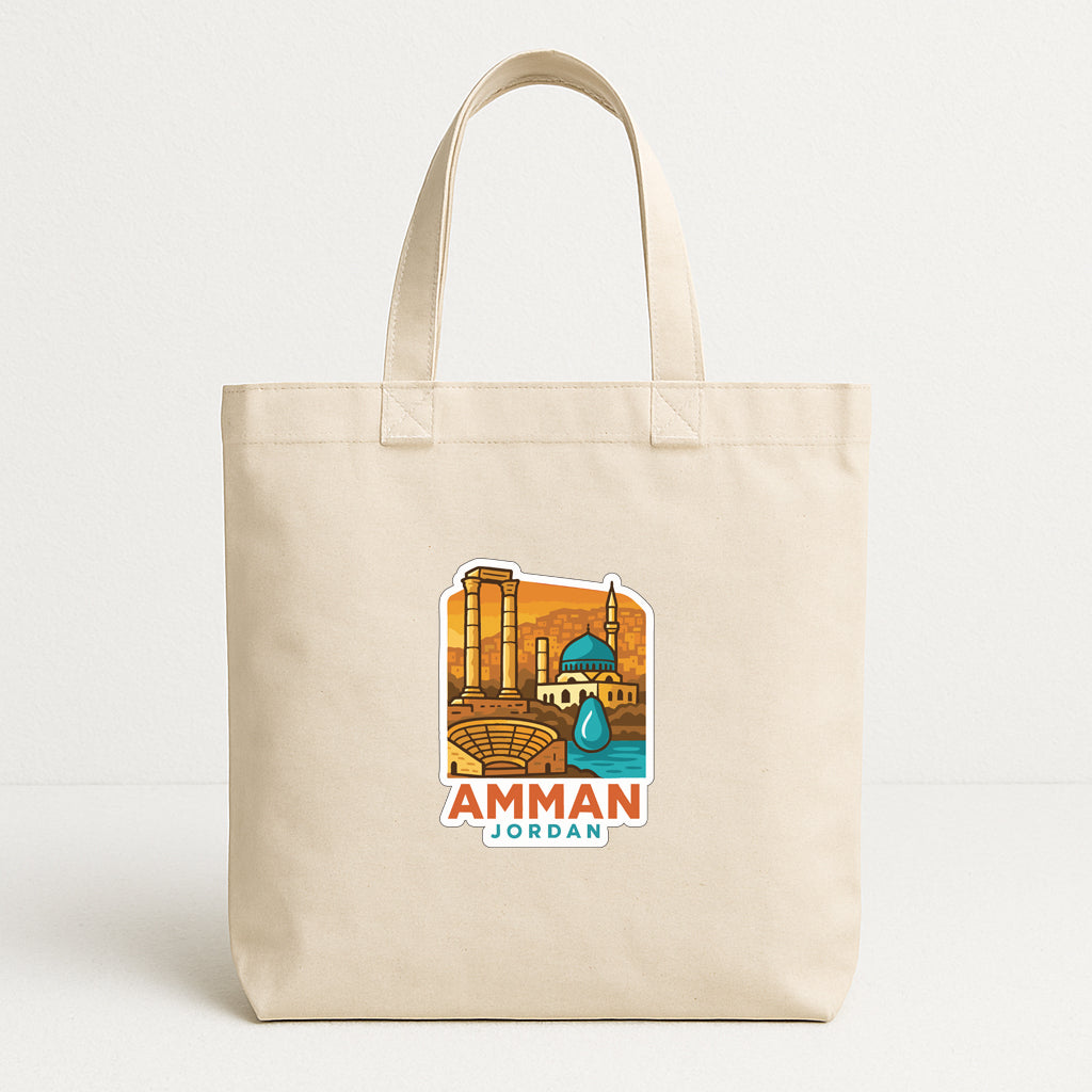A beige tote bag with a graphic design featuring a city skyline and a water feature, along with the text "AMMAN JORDAN".
