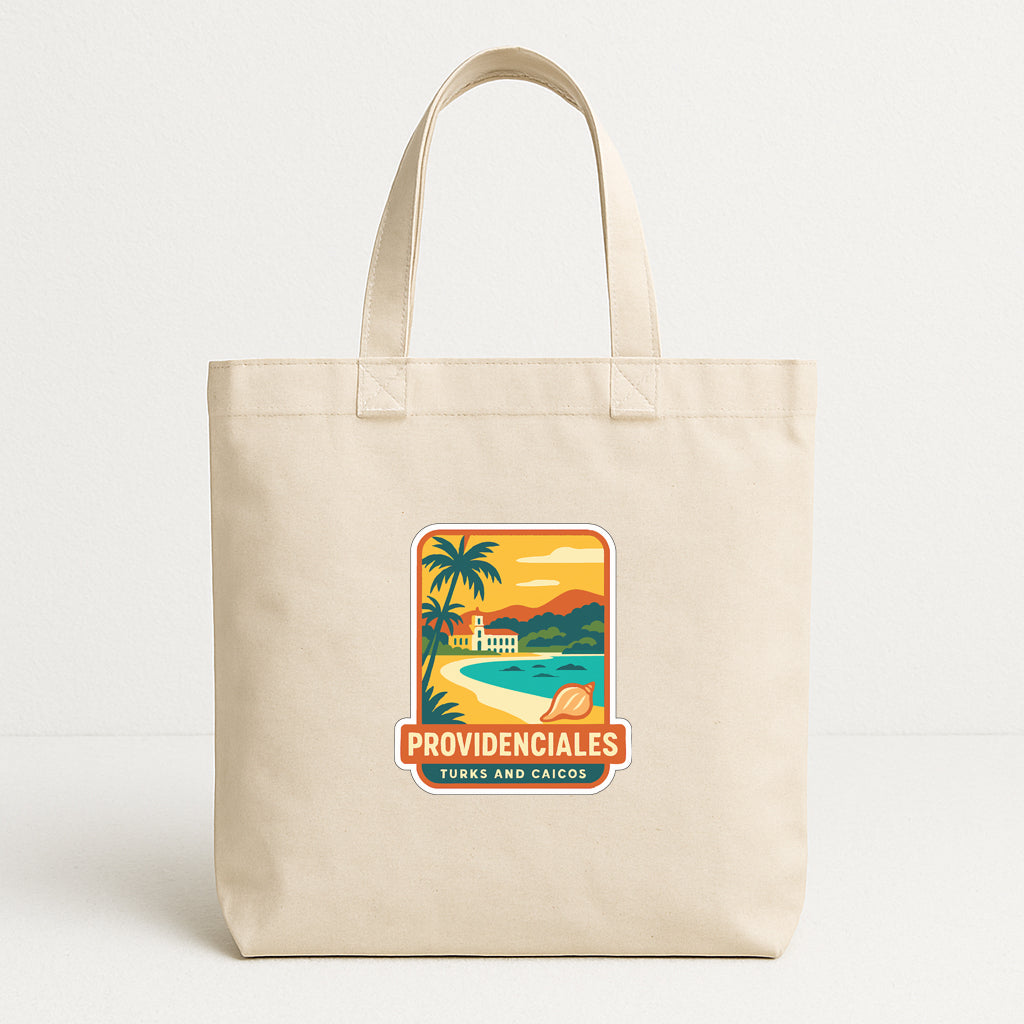 A beige tote bag with a colorful graphic depicting a tropical beach scene and the text "PROVIDENCIALES TURKS AND CAICOS" printed on it.