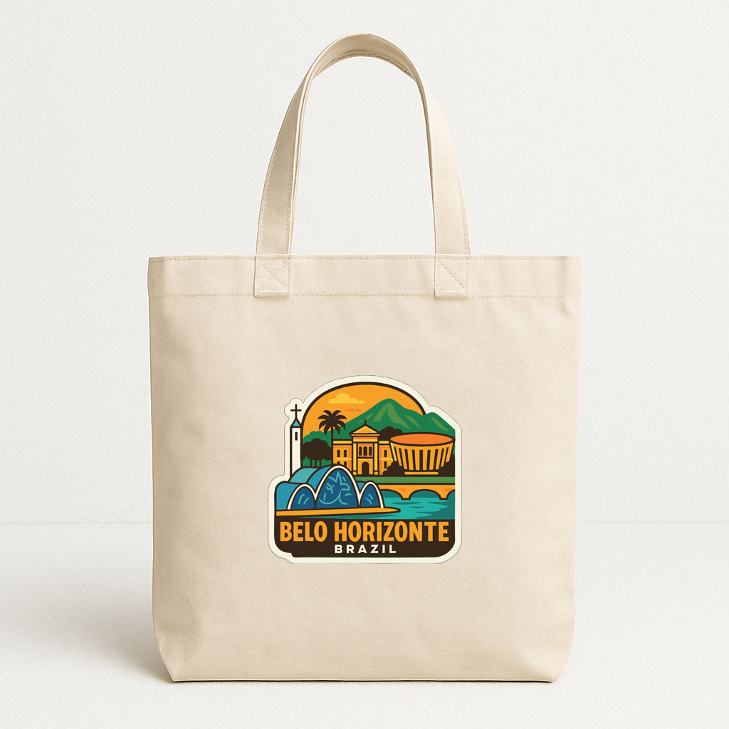 A beige tote bag with a printed sticker depicting Belo Horizonte, Brazil.