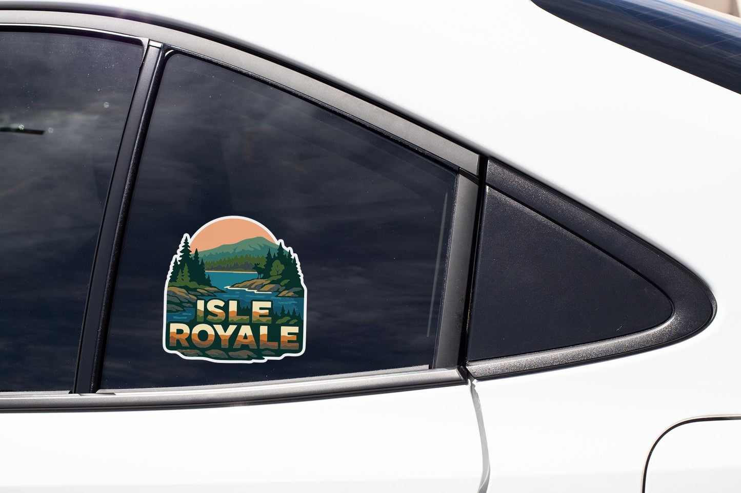A sticker on the side of a car window that says " Isle Royal".