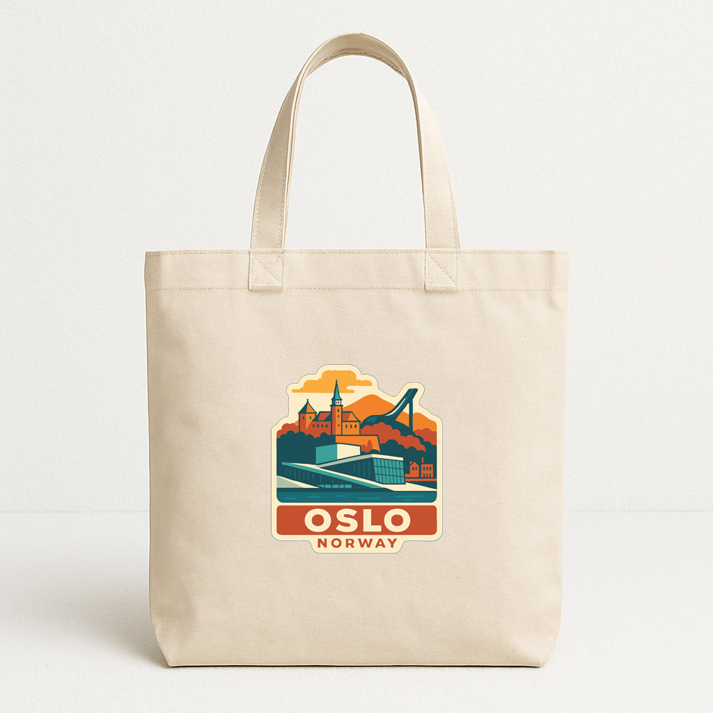 A beige tote bag with a printed design depicting a cityscape and the text "OSLO NORWAY" printed on it.