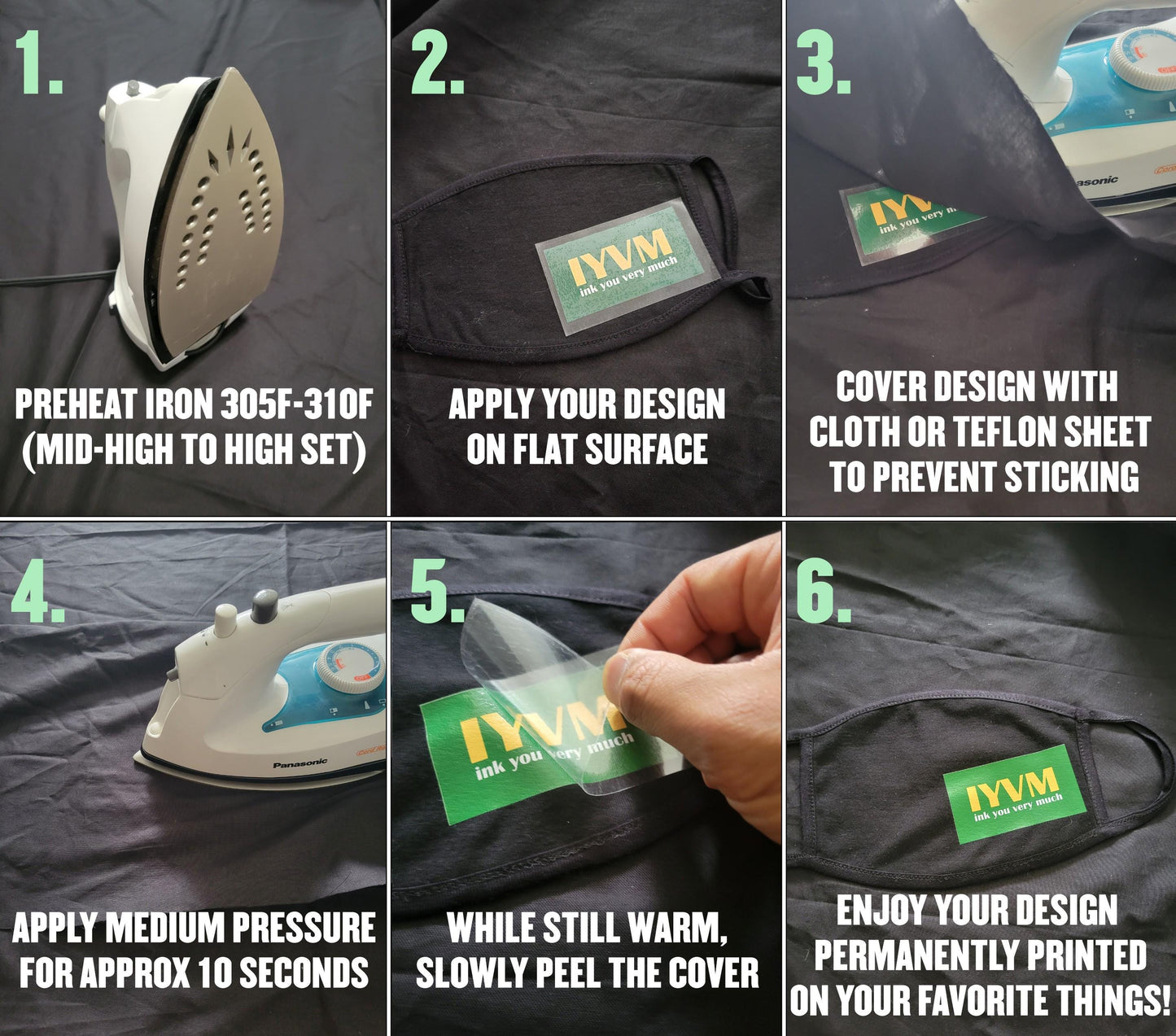 The image is a collage of six photos showing the step-by-step process of creating a cover design using a black cloth or teflon sheet, with a focus on ironing and applying the design.