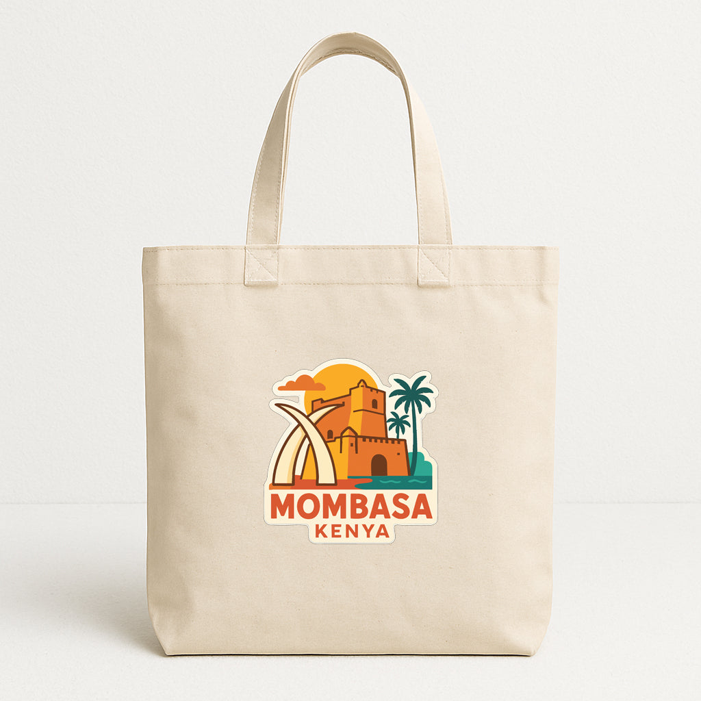 A beige tote bag with a printed design depicting a tropical scene with a castle, palm trees, and a sunset.