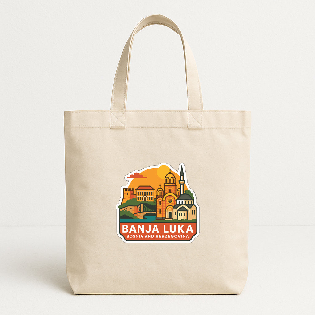 A beige tote bag with a printed design depicting the cityscape of Banja Luka, a town in Bosnia and Herzegovina.