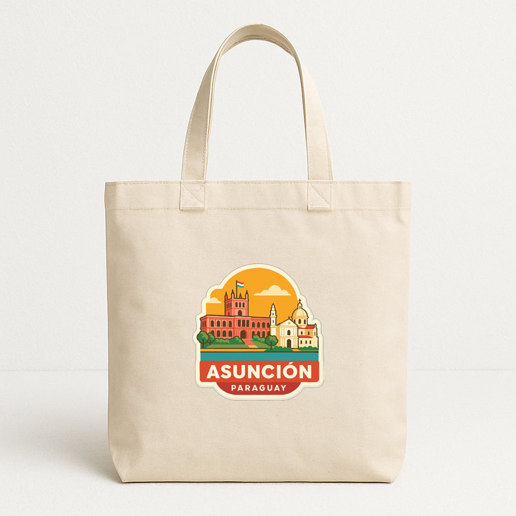 A beige tote bag with a printed design depicting the city of Asuncion, Paraguay.