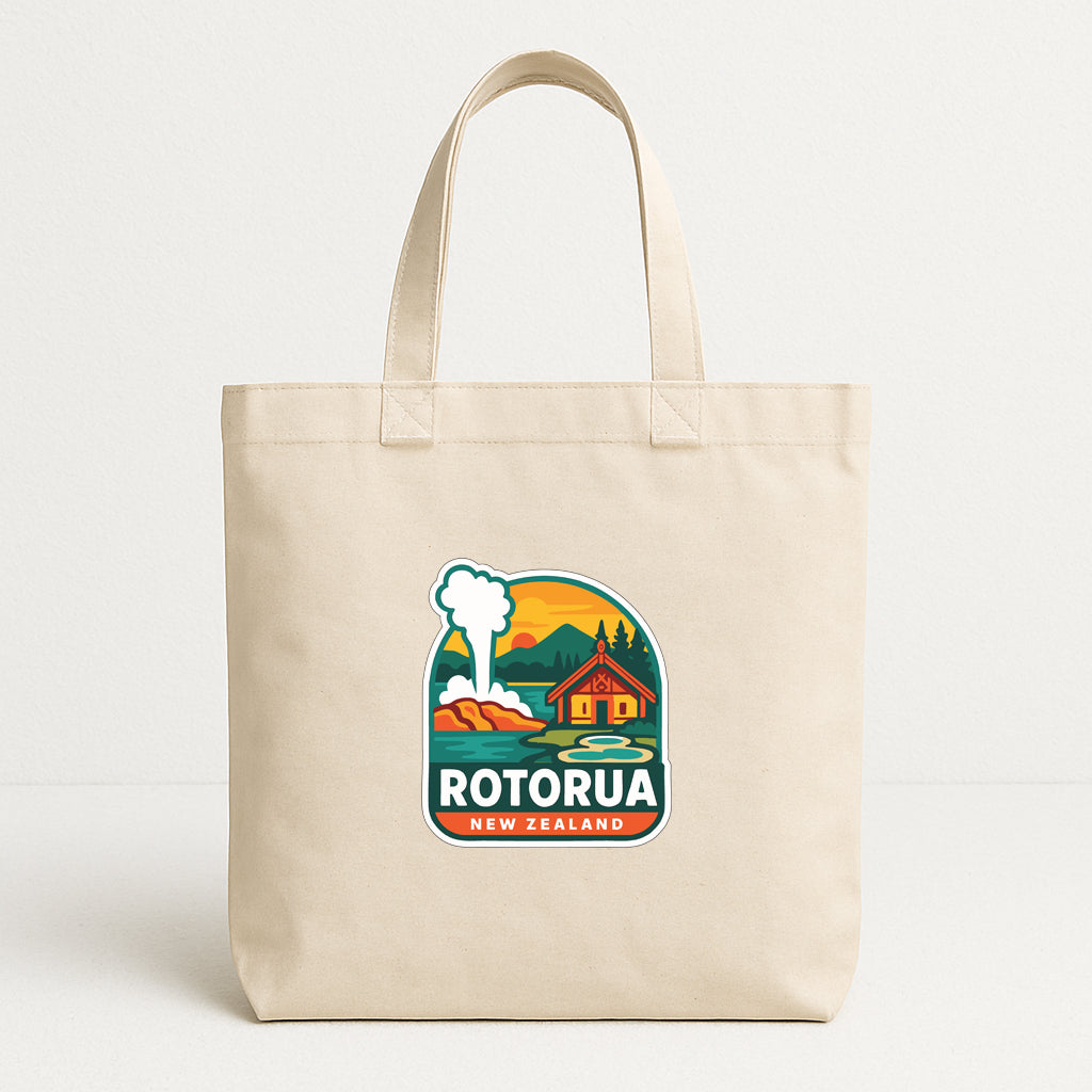 A beige tote bag with a printed logo that says "ROTORUA NEW ZEALAND".