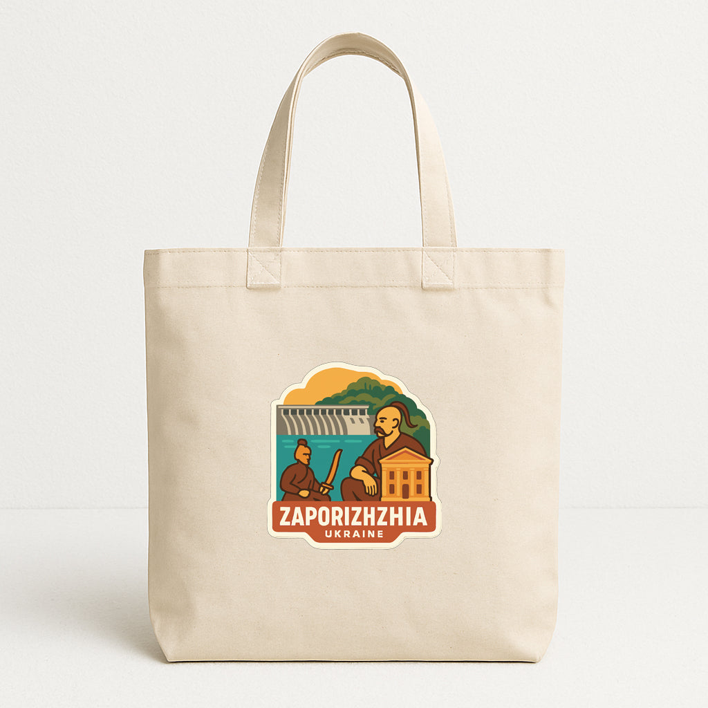 A beige tote bag with a graphic design featuring a man holding a bat and a building, along with the text "ZAPORIZHZIA UKRAINE".