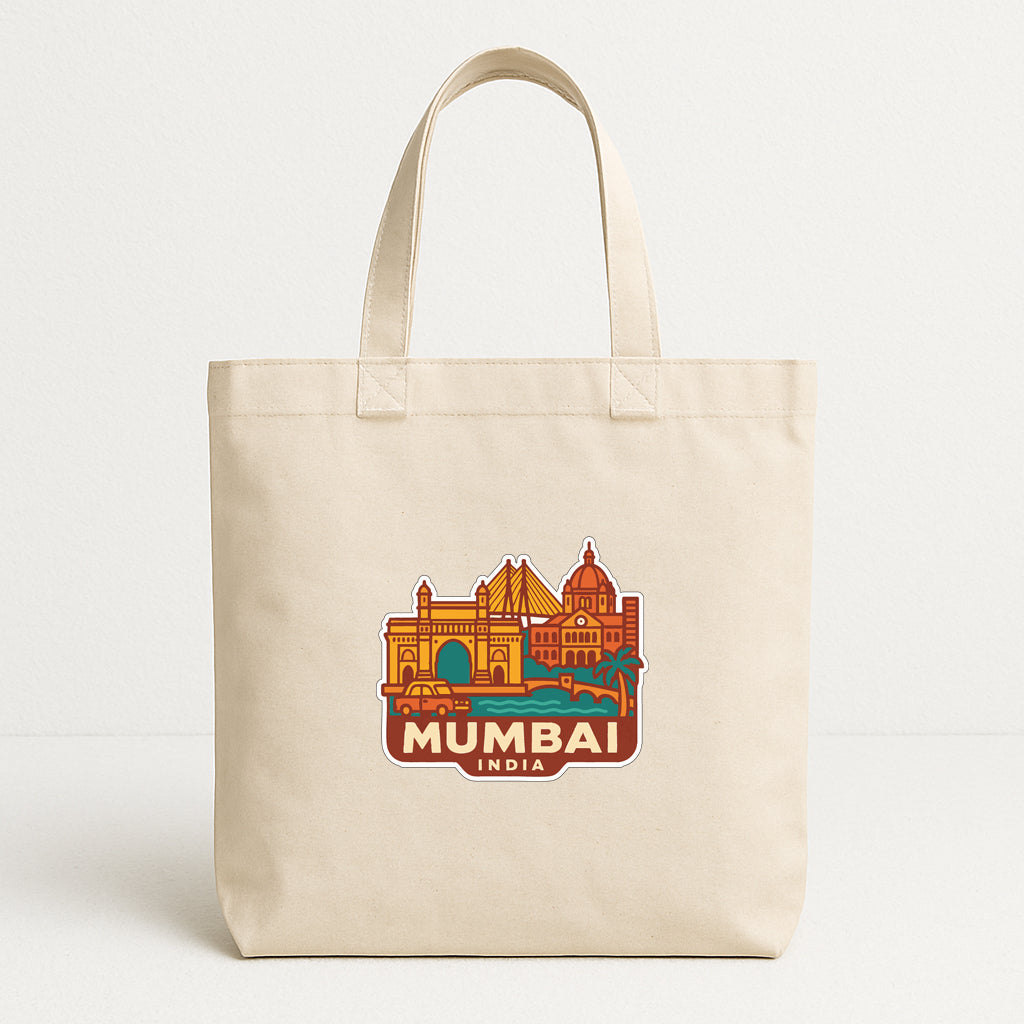 A beige tote bag with a printed design of the city of Mumbai, India, featuring landmarks and buildings.