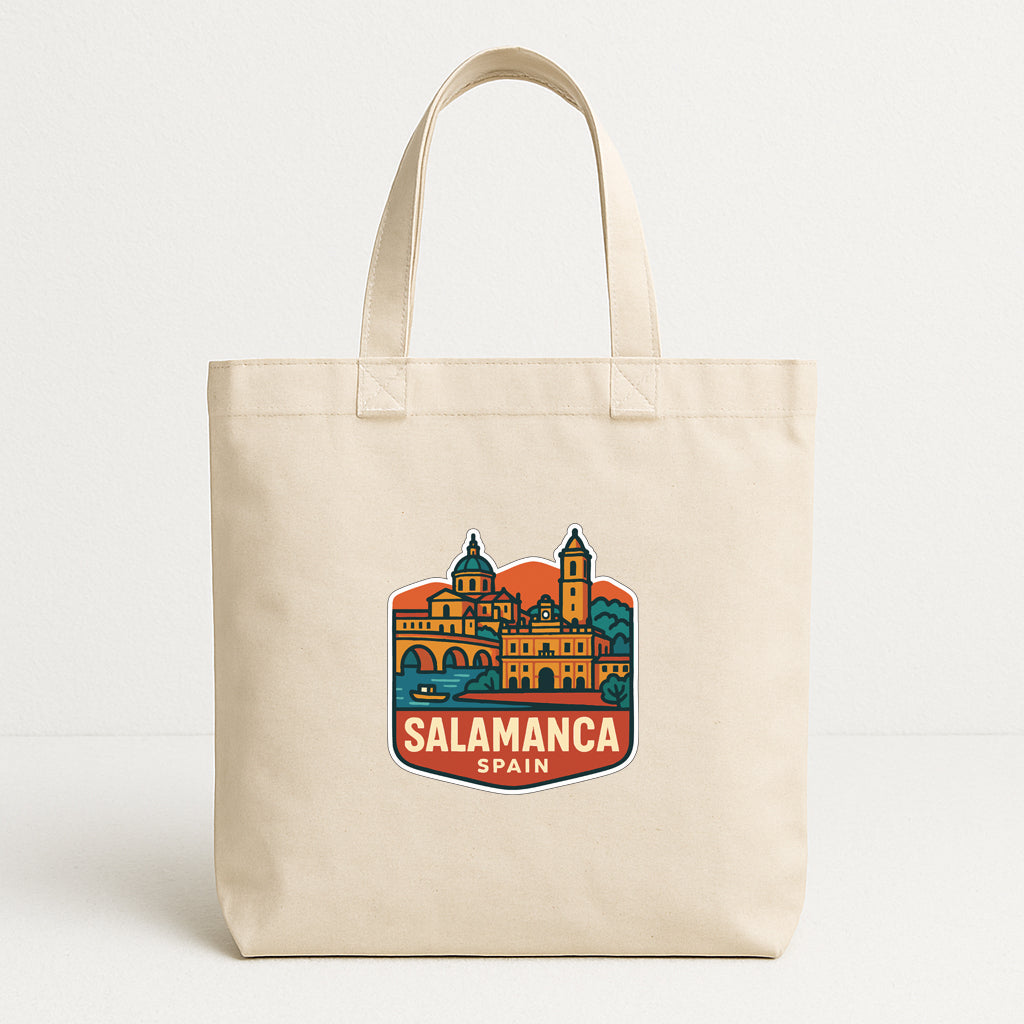 A beige tote bag with a printed design depicting the city of Salamanca, Spain.