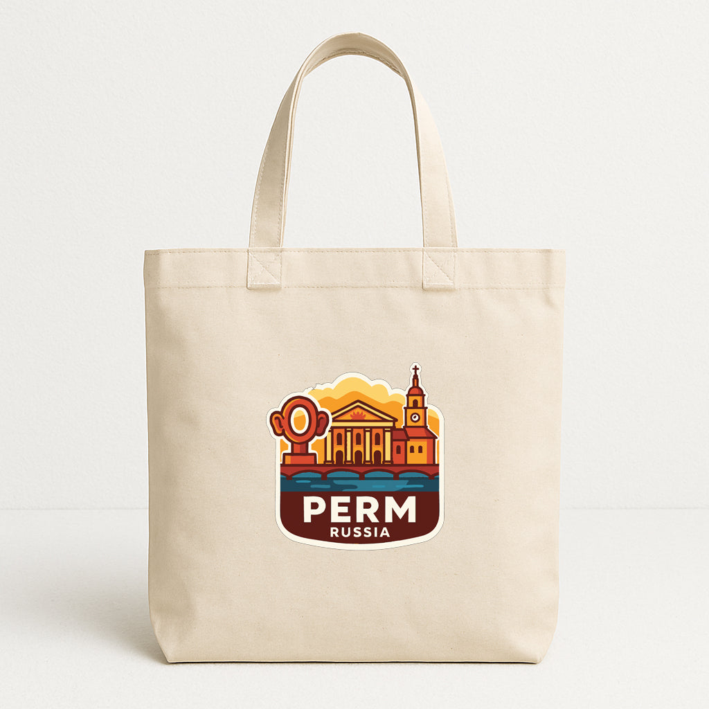 A beige tote bag with a printed design featuring a cityscape and the text "PERM RUSSIA" printed on it.