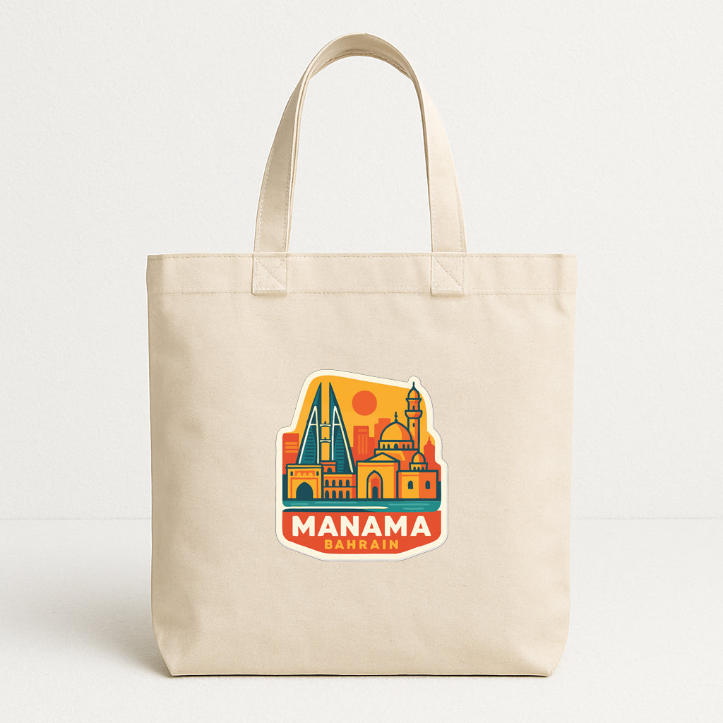 A beige tote bag with a graphic design depicting the skyline of Manama, Bahrain.