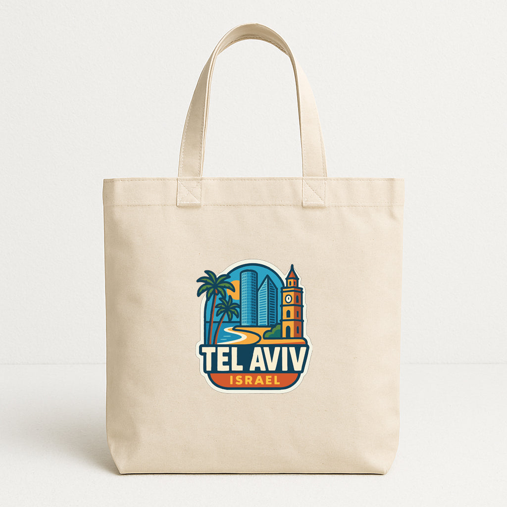 A beige tote bag with a graphic design featuring a city skyline and palm trees, along with the text "TEL AVIV ISRAEL".