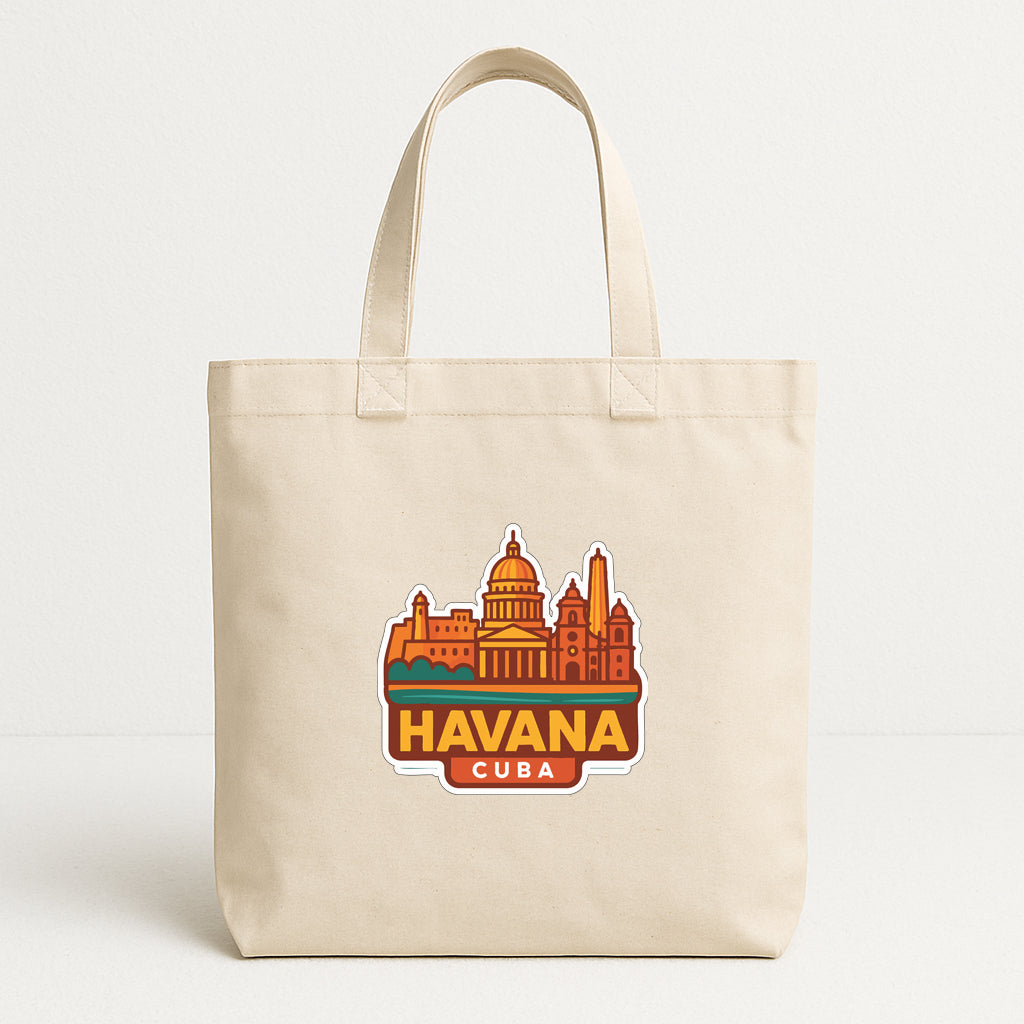 A beige tote bag with a printed design of the cityscape of Havana, Cuba, featuring the text "HAVANA CUBA" prominently displayed.