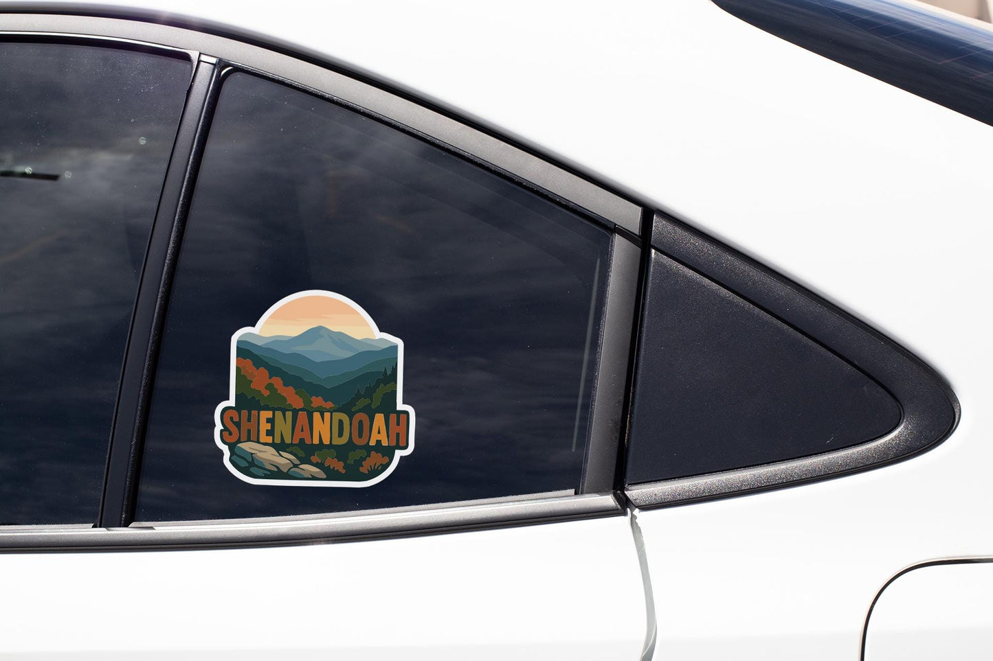 A sticker on the side of a car window that says "Shenandoah".