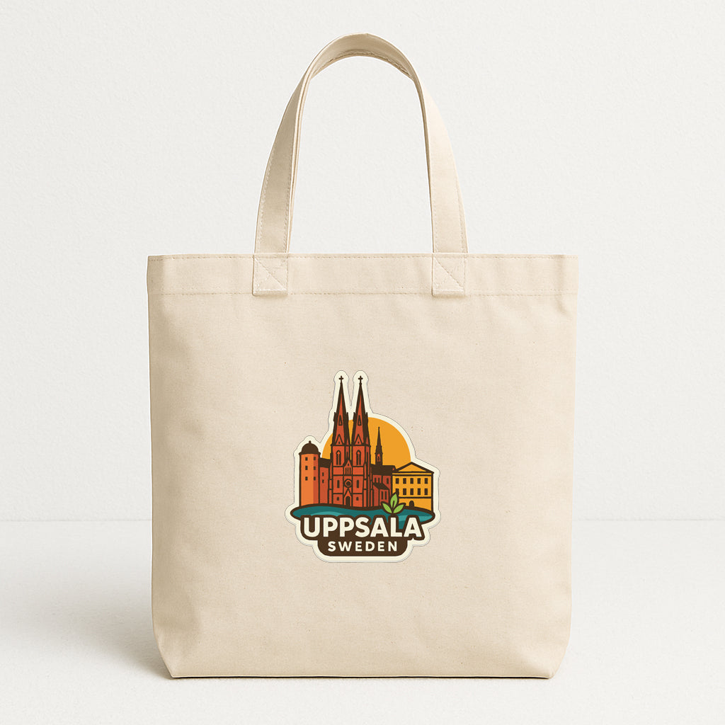 A beige tote bag with a printed design of a city skyline and the text "Uppsala Sweden" printed on it.