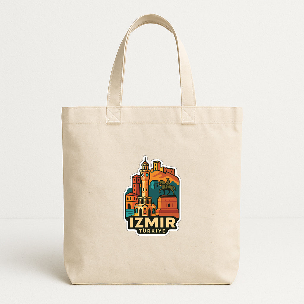A beige tote bag with a colorful graphic of Istanbul's skyline and the text "IZMIR TURKISH" printed on it.