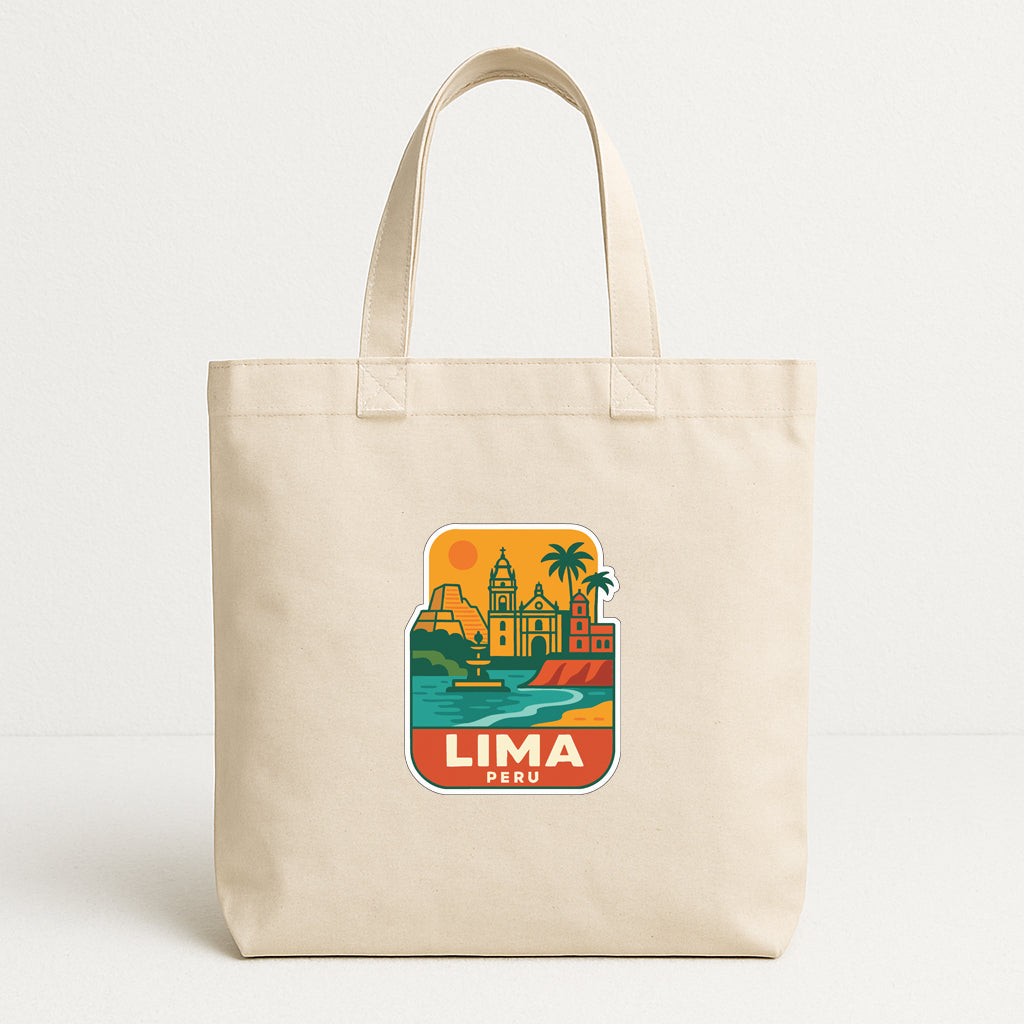 A beige tote bag with a printed design of Lima, Peru, featuring a colorful illustration of the city's landmarks and scenery.