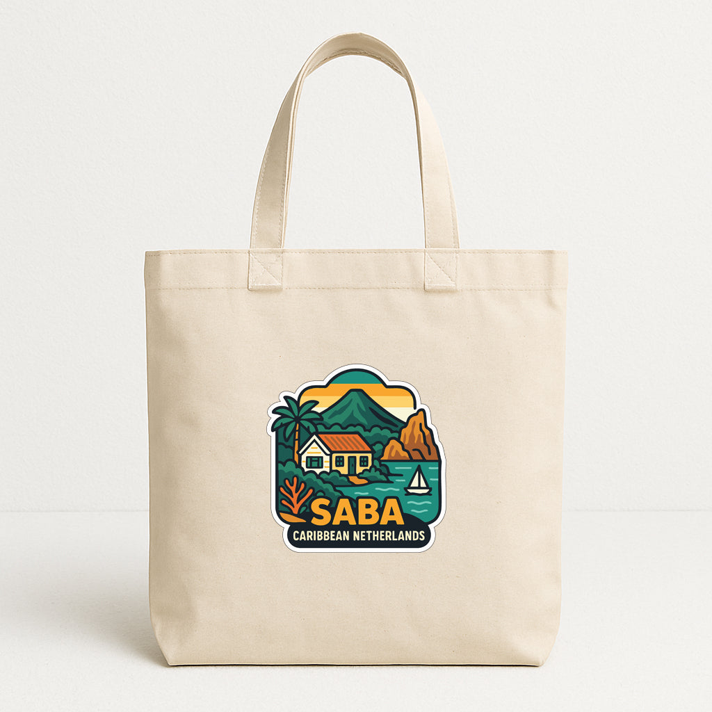 A beige tote bag with a graphic design depicting a tropical island scene, including a house, palm trees, and a boat.