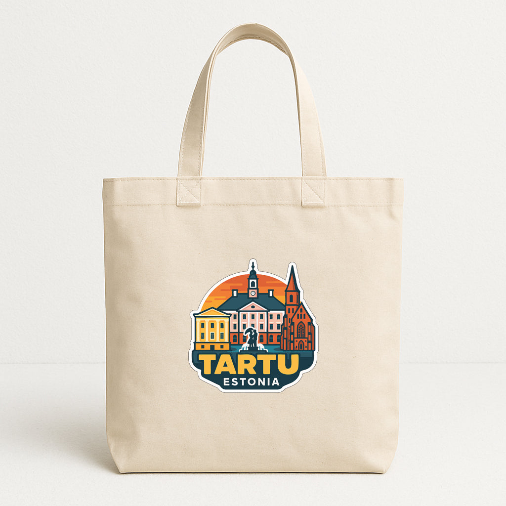 A beige tote bag with a graphic design featuring the city of Tartu, Estonia.