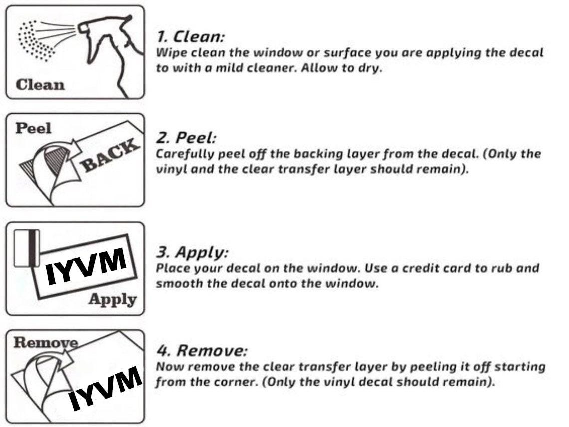 step-by-step instructions for applying and removing a vinyl decal on a window.