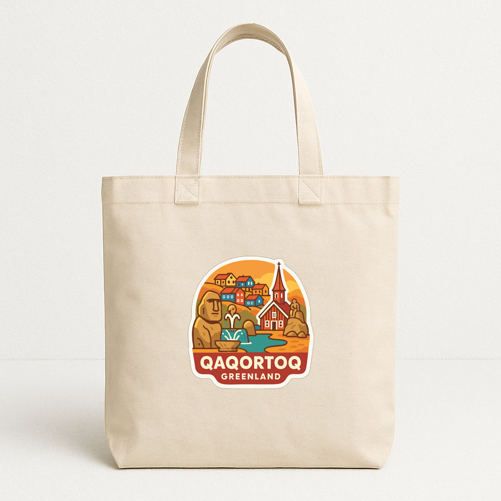 A beige tote bag with a colorful graphic design depicting a scenic view of Greenland.