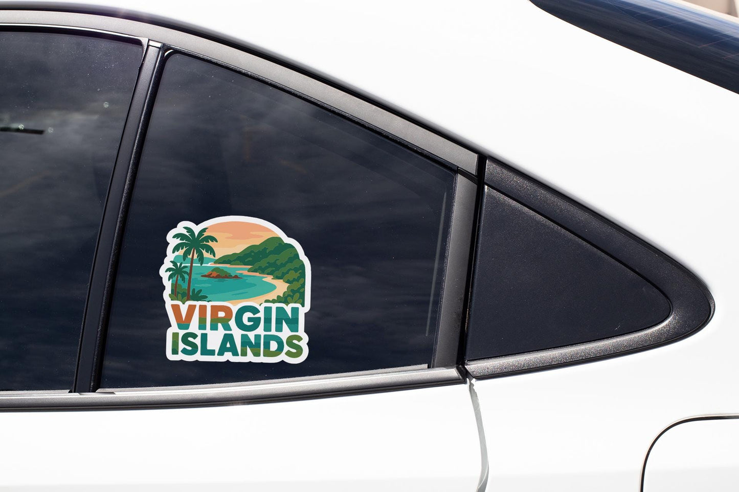 A sticker on the side of a car window that says "Virgin Islands".