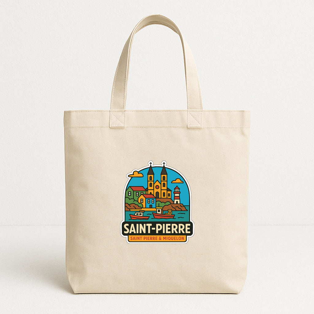 A beige tote bag with a printed design depicting a cityscape and the text "SAINT-PIERRE SAINT-PIERRE & MISÉULEON" printed on it.