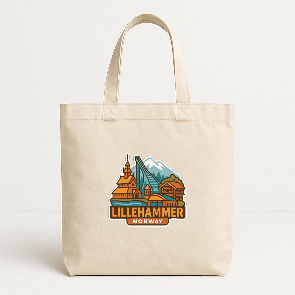 A beige tote bag with a printed design depicting a scenic view of Lillehammer, Norway.