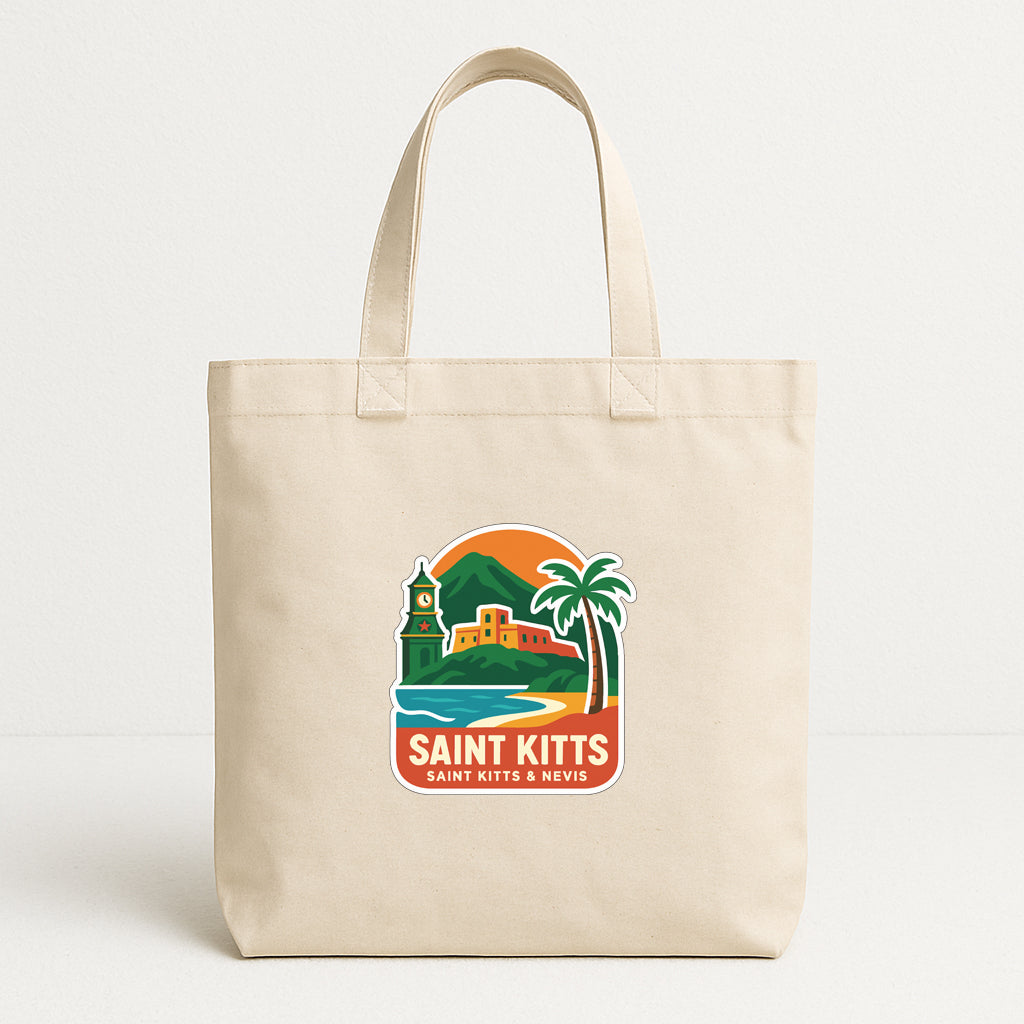 A beige tote bag with a graphic design featuring a tropical landscape with a palm tree, a building, and a body of water.