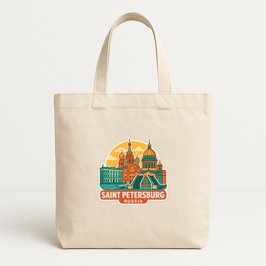A beige tote bag with a printed design of the Saint Petersburg skyline in Russia.