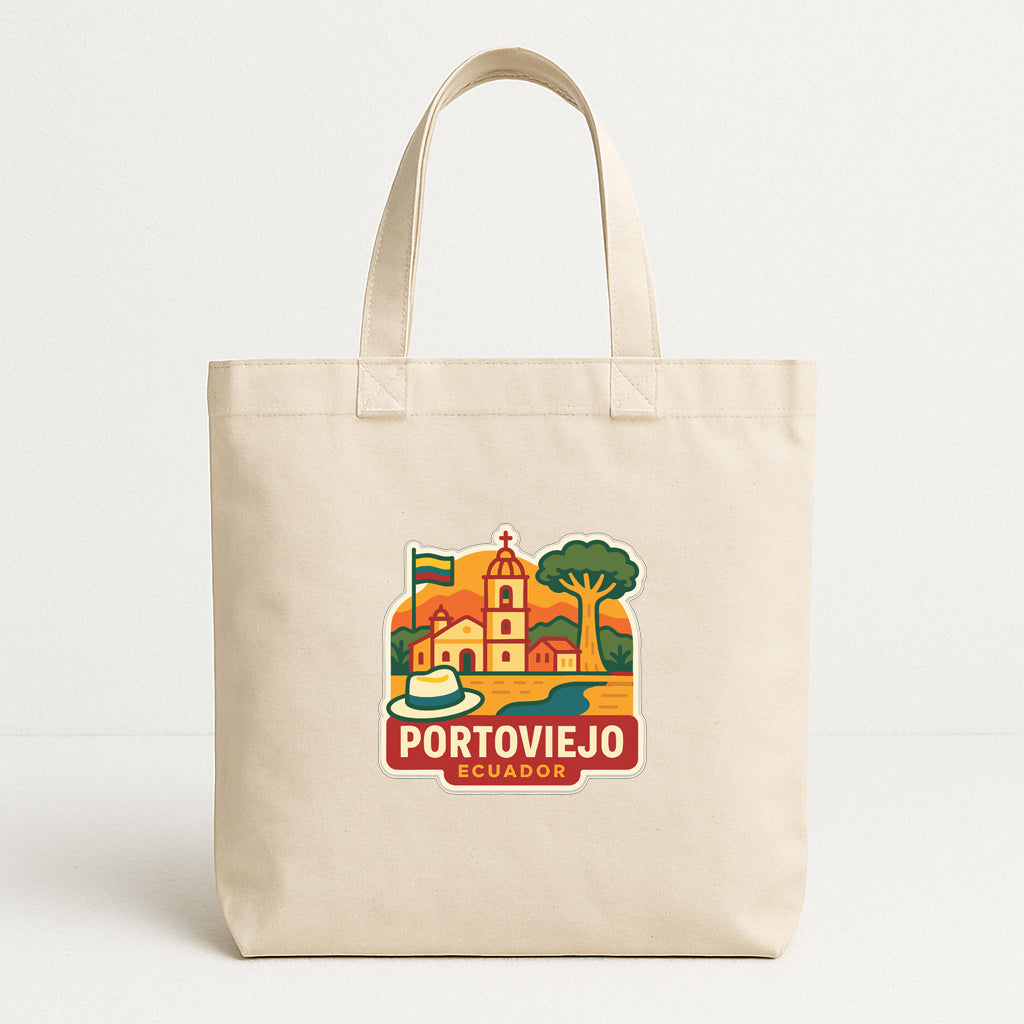 A beige tote bag with a colorful graphic depicting a town or city, along with the text "PORTOVIEJO ECUADOR".