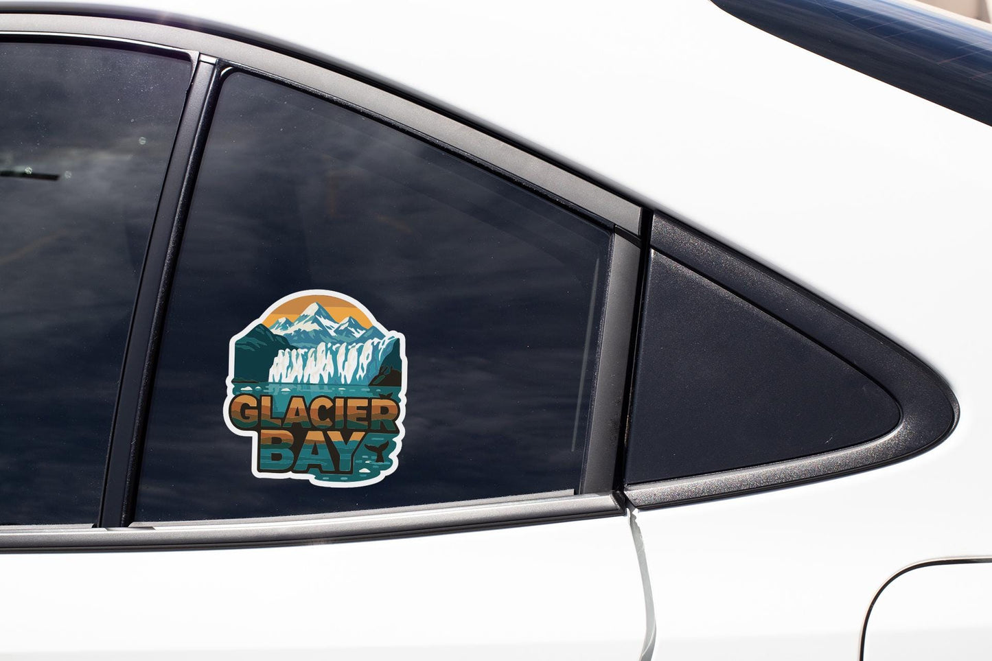 A sticker on the side of a car window that says "GLACIER BAY".