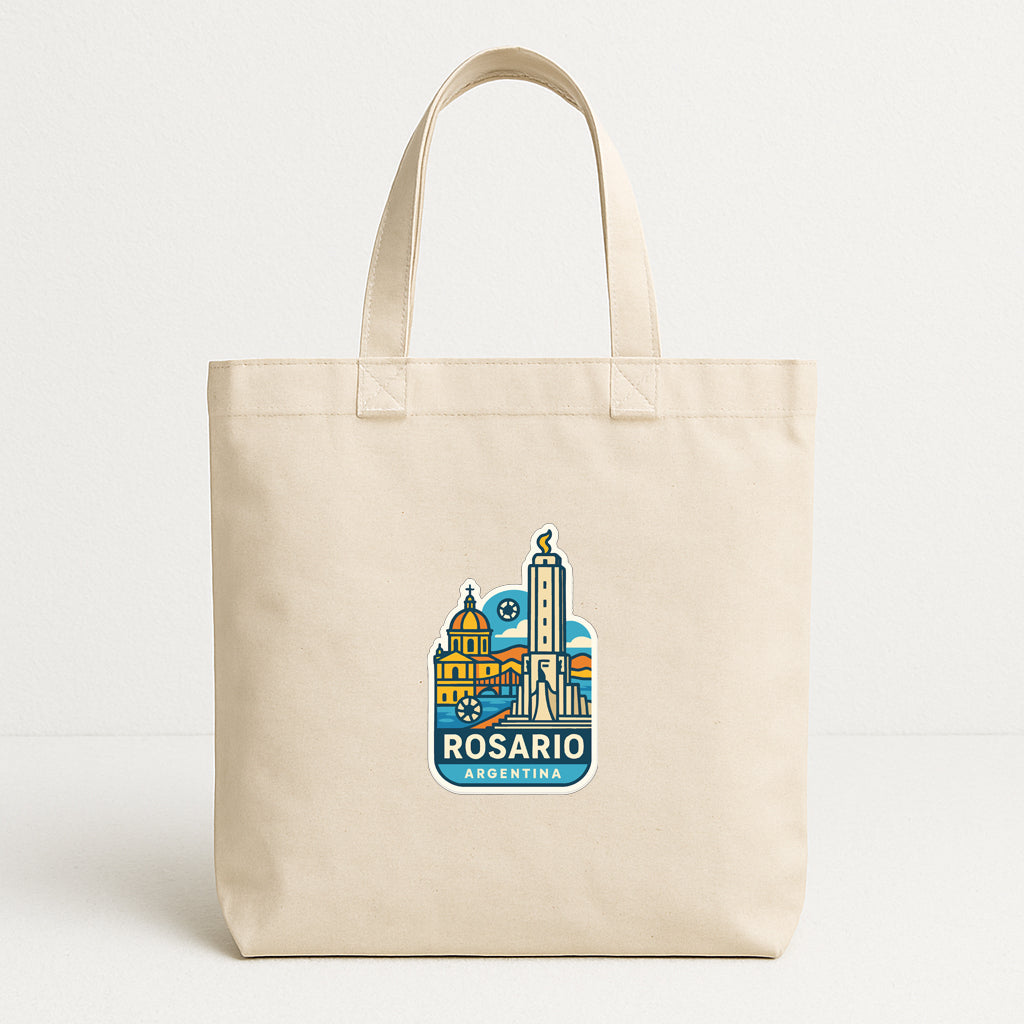 A beige tote bag with a graphic design featuring the city of Rosario, Argentina.