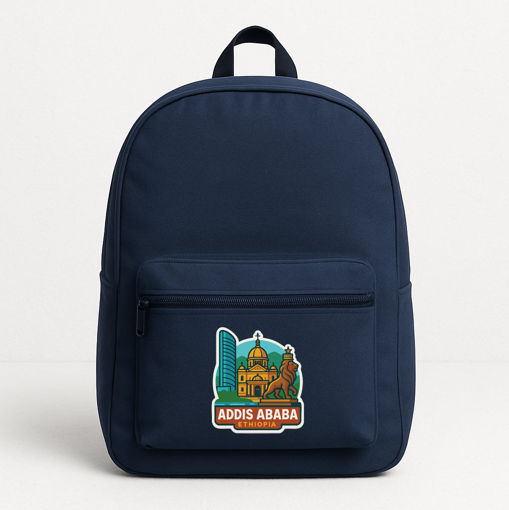 A navy blue backpack with a graphic design on the front pocket.