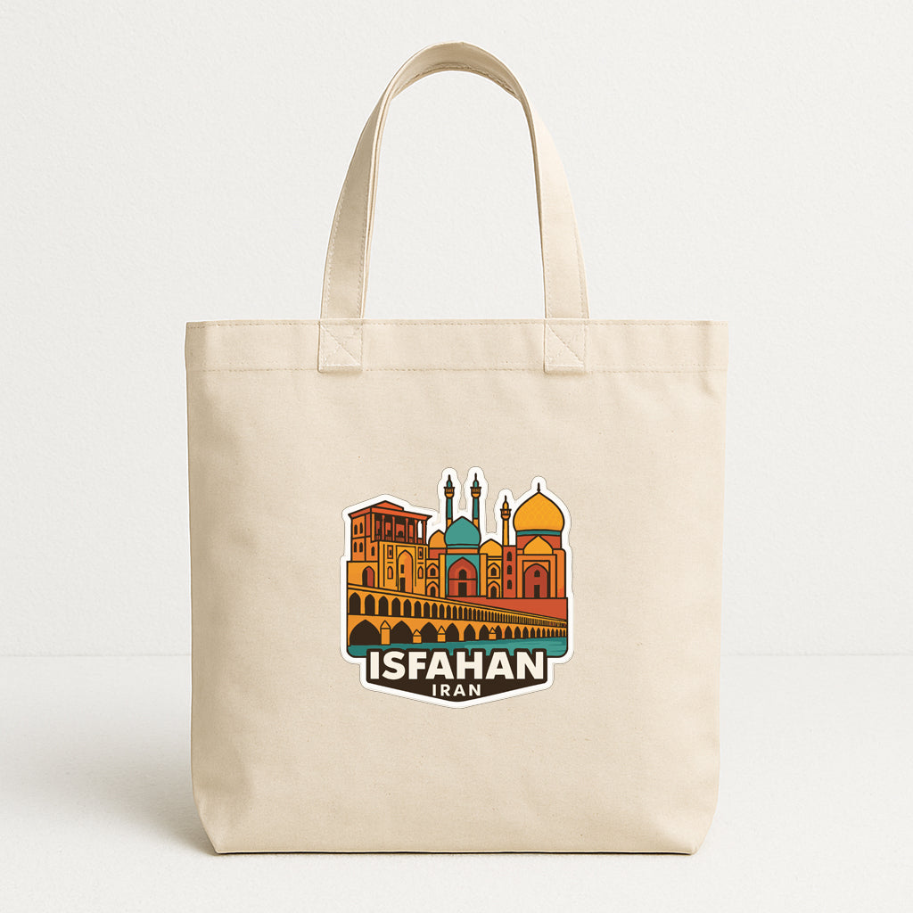 A beige tote bag with a colorful graphic of a city skyline and the text "ISFAHAN IRAN" printed on it.