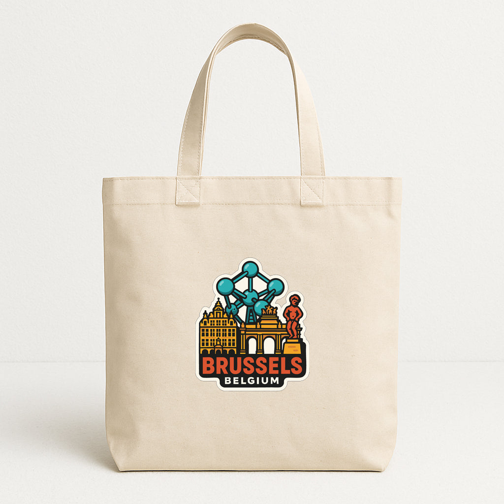 A beige tote bag with a graphic design featuring the city of Brussels, Belgium.