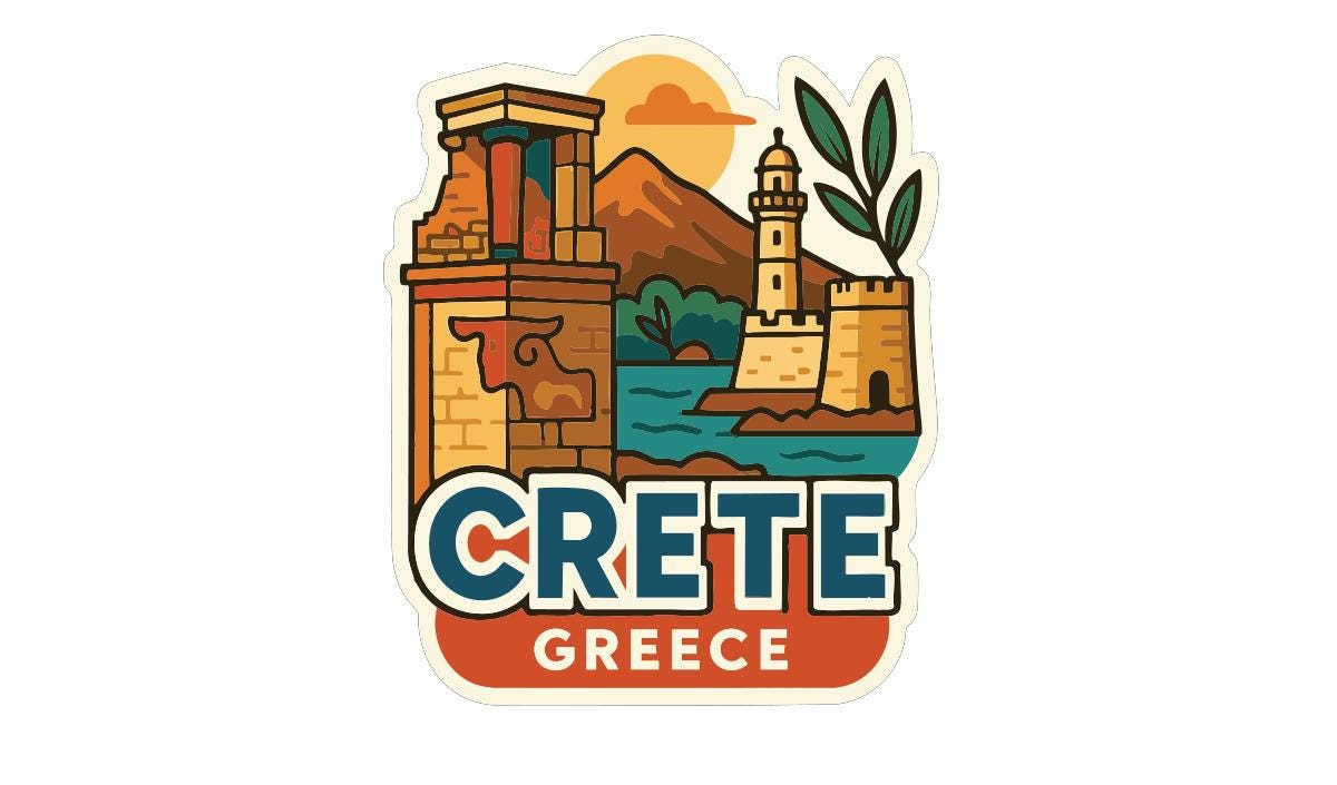 a sticker or logo with a stylized illustration of a Greek island, including a lighthouse, mountains, and a body of water. The text "CRETE GREECE" is prominently displayed, indicating the location or country of the image.