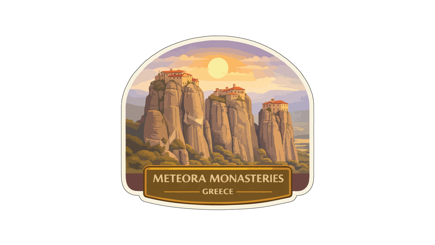 a scenic landscape with a mountain range and several buildings on the peaks, set against a colorful sky with a sun. The text "METEORA MONASTERIES GREECE" is displayed below the image.