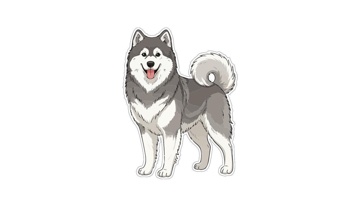 A happy and friendly-looking husky dog with a wagging tail, standing upright and smiling.