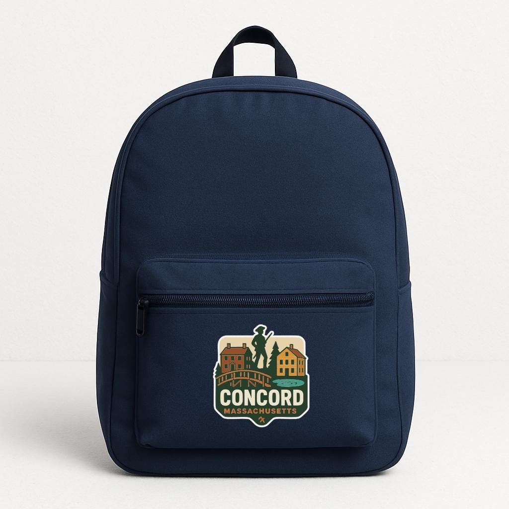 A navy blue backpack with a logo on the front pocket.