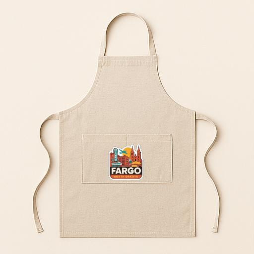 A beige apricot with a graphic of a city skyline and the word "Fargo" printed on it.