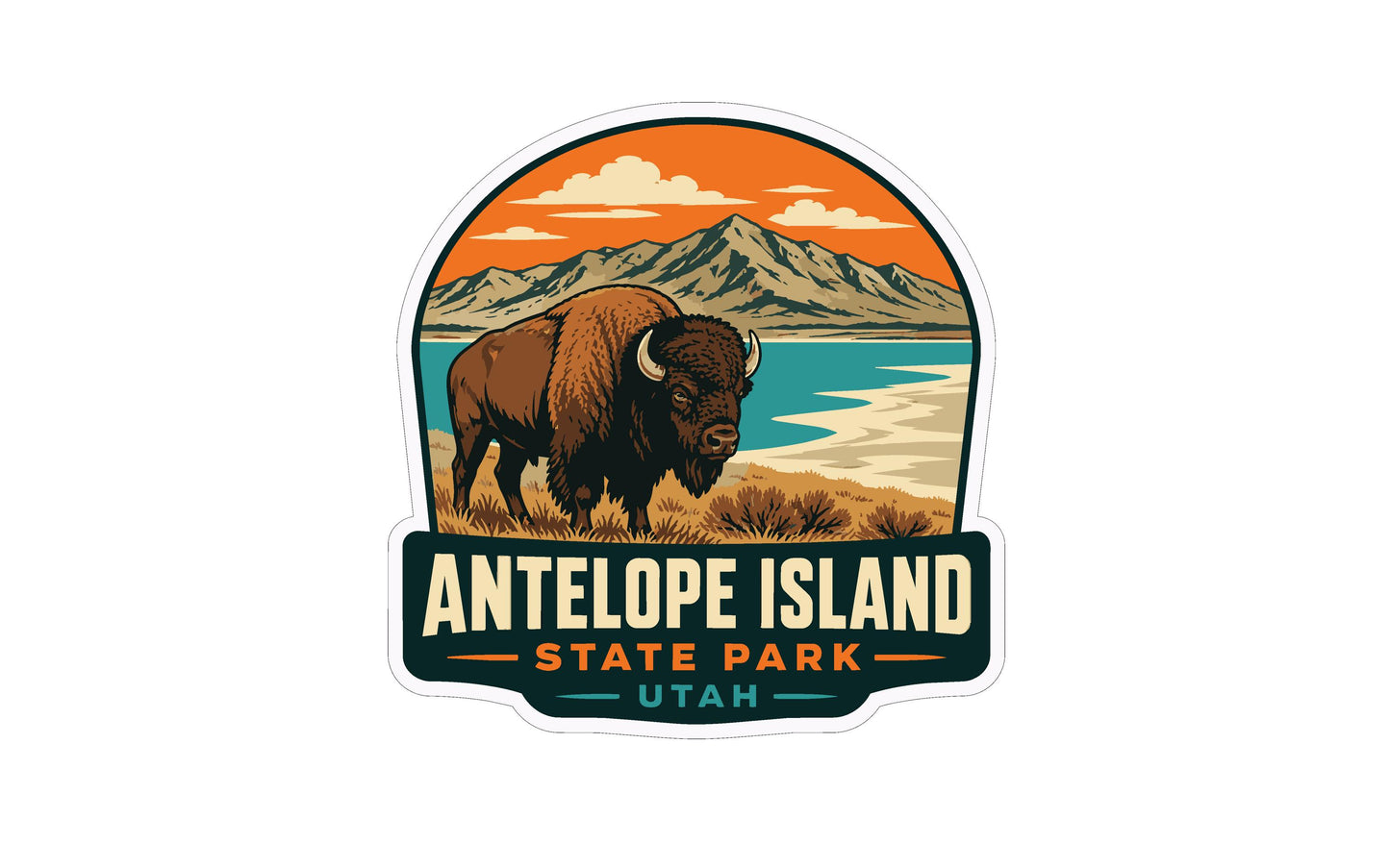 a bison in a scenic landscape with mountains, water, and a sunset sky.