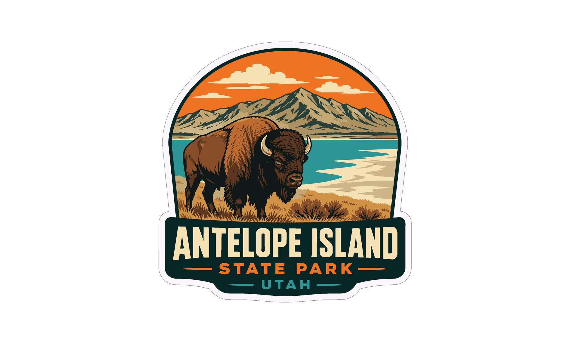 a bison in a scenic landscape with mountains, water, and a sunset sky.