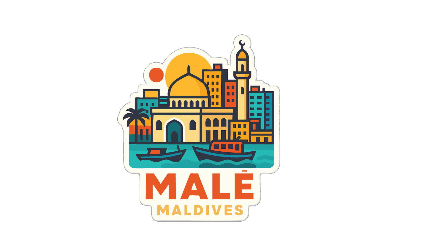 a stylized illustration of the Maldives, a country in the Indian Ocean, with a mosque, buildings, boats, and a sun in the background.