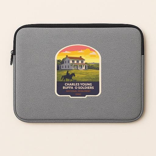 A gray laptop sleeve with a graphic design depicting a house and a person riding a horse, along with the text "Charles Young Buffa O Soldiers".