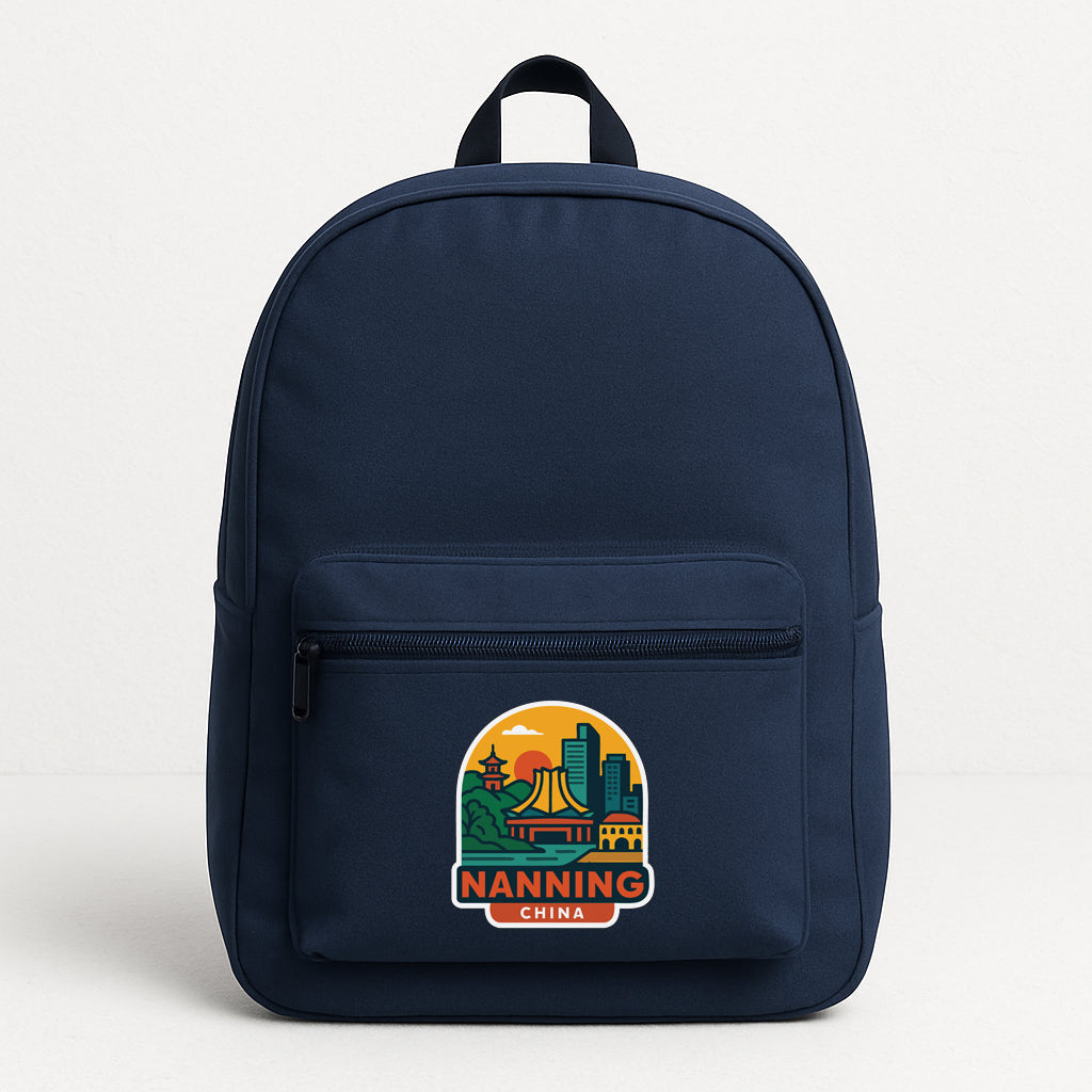 A navy blue backpack with a graphic of a city skyline and the text "NANNING CHINA" printed on it.