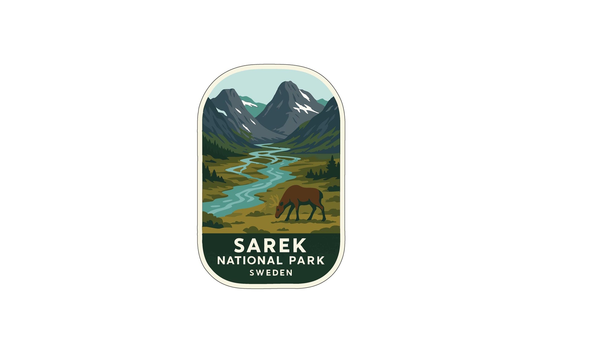 a sticker or emblem with a mountain landscape and a grazing animal, likely representing the Sarek National Park in Sweden.