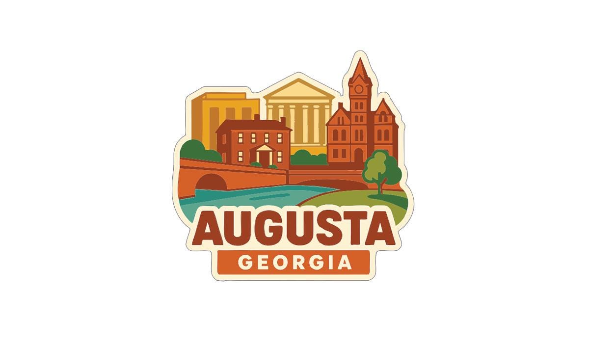 a stylized illustration of the city of Atlanta, Georgia, with various landmarks and buildings depicted in a colorful and vibrant manner.